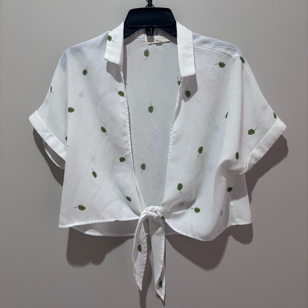 Elegant White Tie-Front Blouse with Green Embroidery